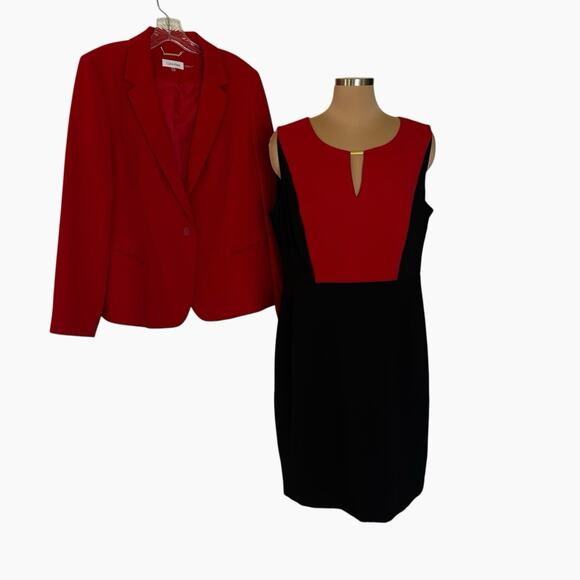 Calvin Klein Suit Set Dress Jacket Womens 14 Red Black Ponte Knit Sophisticated - Picture 1 of 16